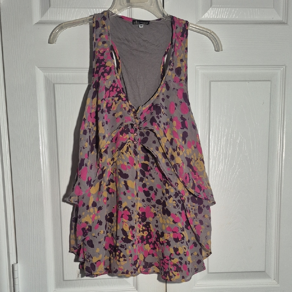 ELLA MOSS layered Chiffon Tank M Gray Racerback Blouse Paint Splatter Tiered Top